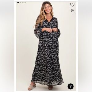 NWOT Pinkblush Black Floral Chiffon Lace Trim Back Tie Maternity Maxi Dress